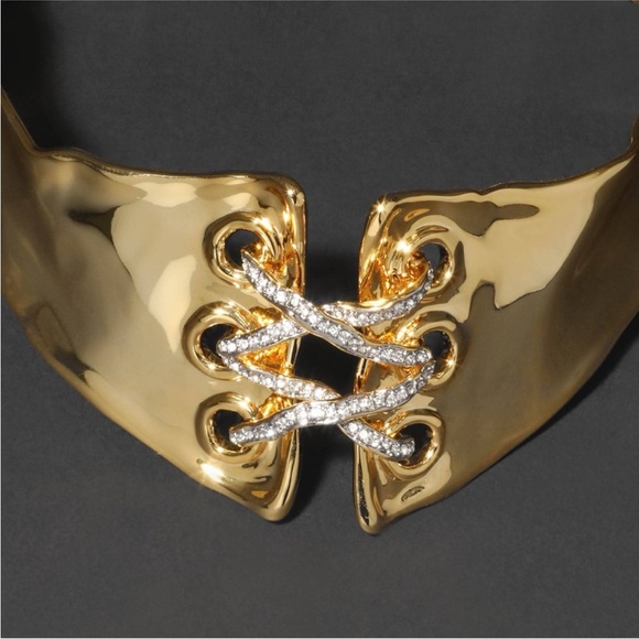 ALEXIS BITTAR • Scratched Gold Solanales Crystal Lace Up Collar Necklace